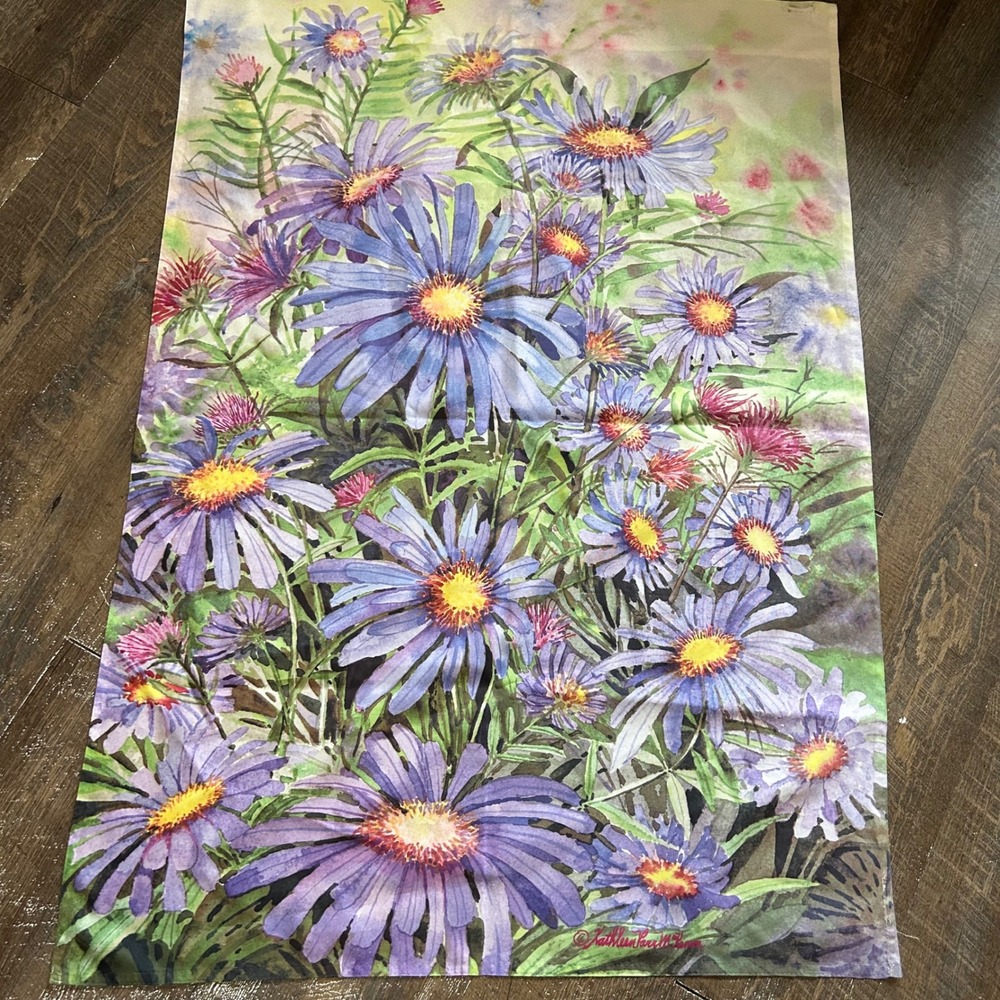 Kathleen Parr McKenna Purple Aster Watercolor Floral Garden Flag Banner 28x39